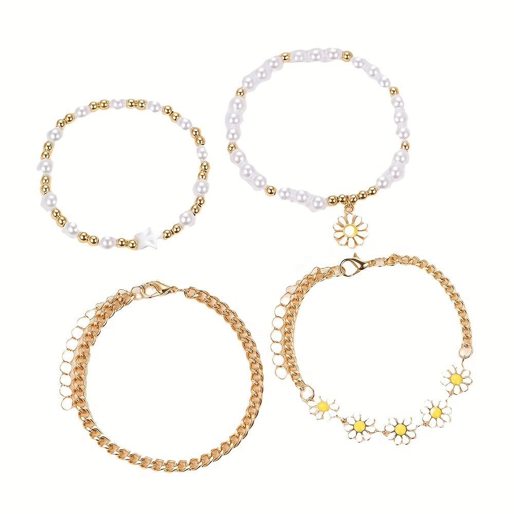 4pcss Summer New Casual Party Small Golden Bead Pearl Bracelet Set, 4pcss Bohemian Beach Daisy Bracelet for Women, Perfect for Gifting.