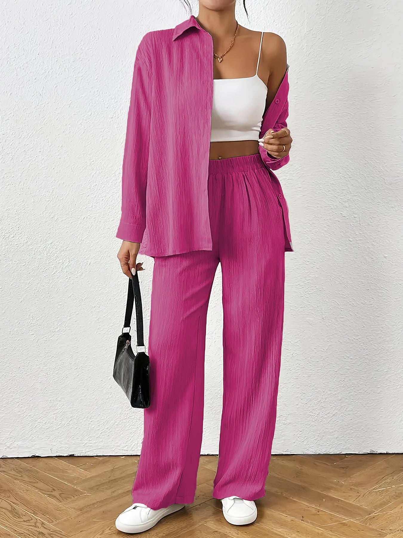 Women'S Casual Solid Color Long Sleeve Shirt + Long Pants 2pcs Set for Spring And Autumn.