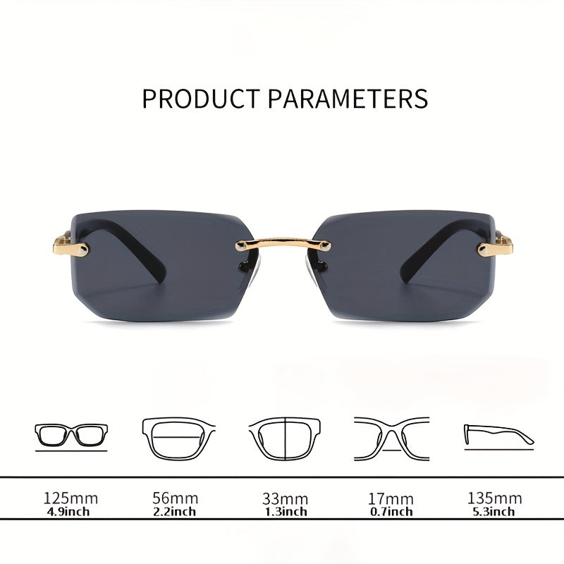 Rimless Rectangle Fashion Fashion Glasses - Light Blue Lens with Golden-Tone Accents, Durable PC Frame, Ideal for Summer & Casual Attire, Summer Glasses|Stylish Rectangular Glasses|Polycarbonate Frame