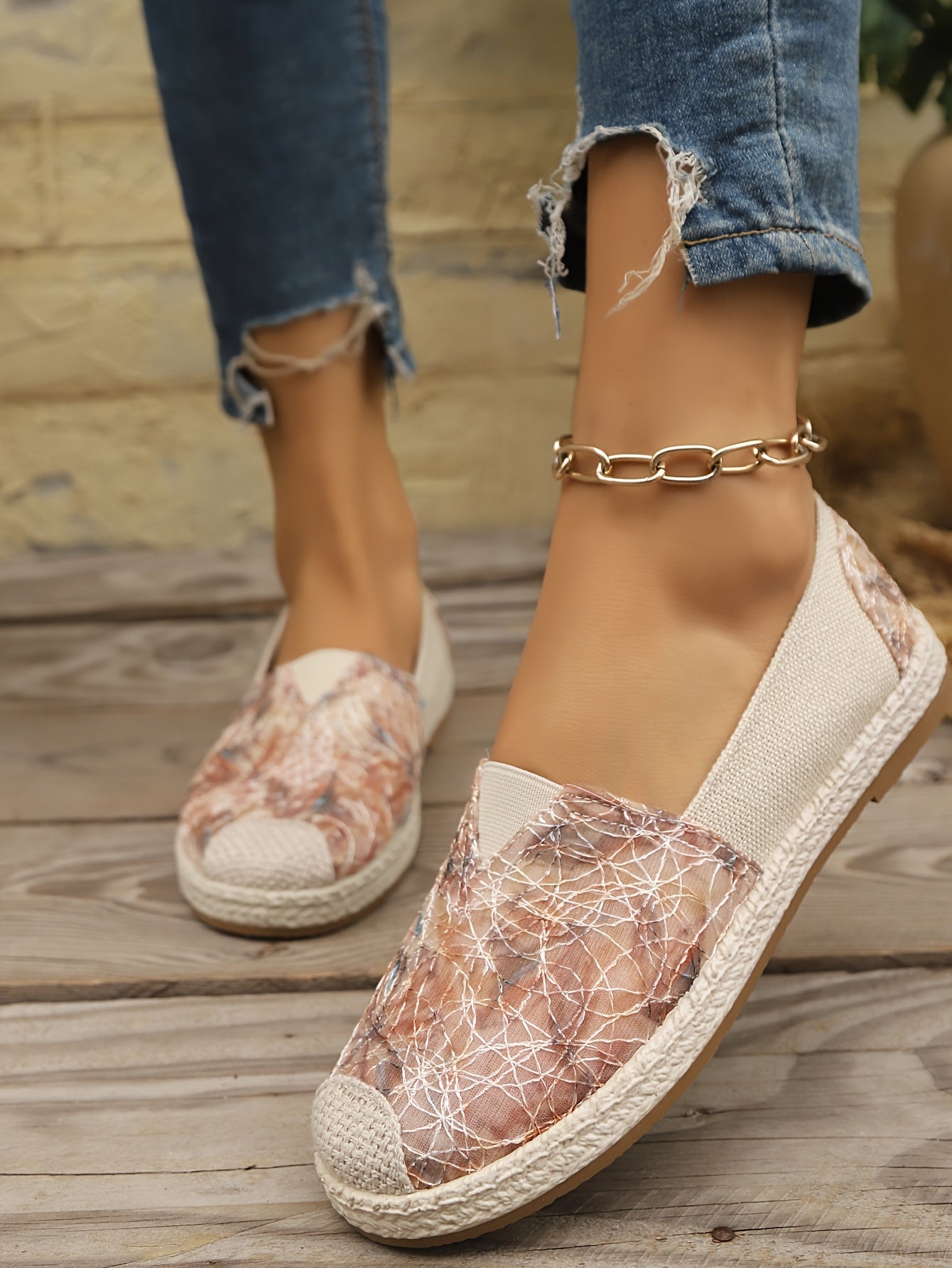 Women's Breathable Slip-On Loafers - Soft Sole Casual Walking Shoes, Lightweight & Comfortable, Beige Floral Pattern Fabric Upper, PU Cover Sole, Perfect for Casual Attire, Allseason Loafers | Slipon Comfort | Soft Sole Shoes