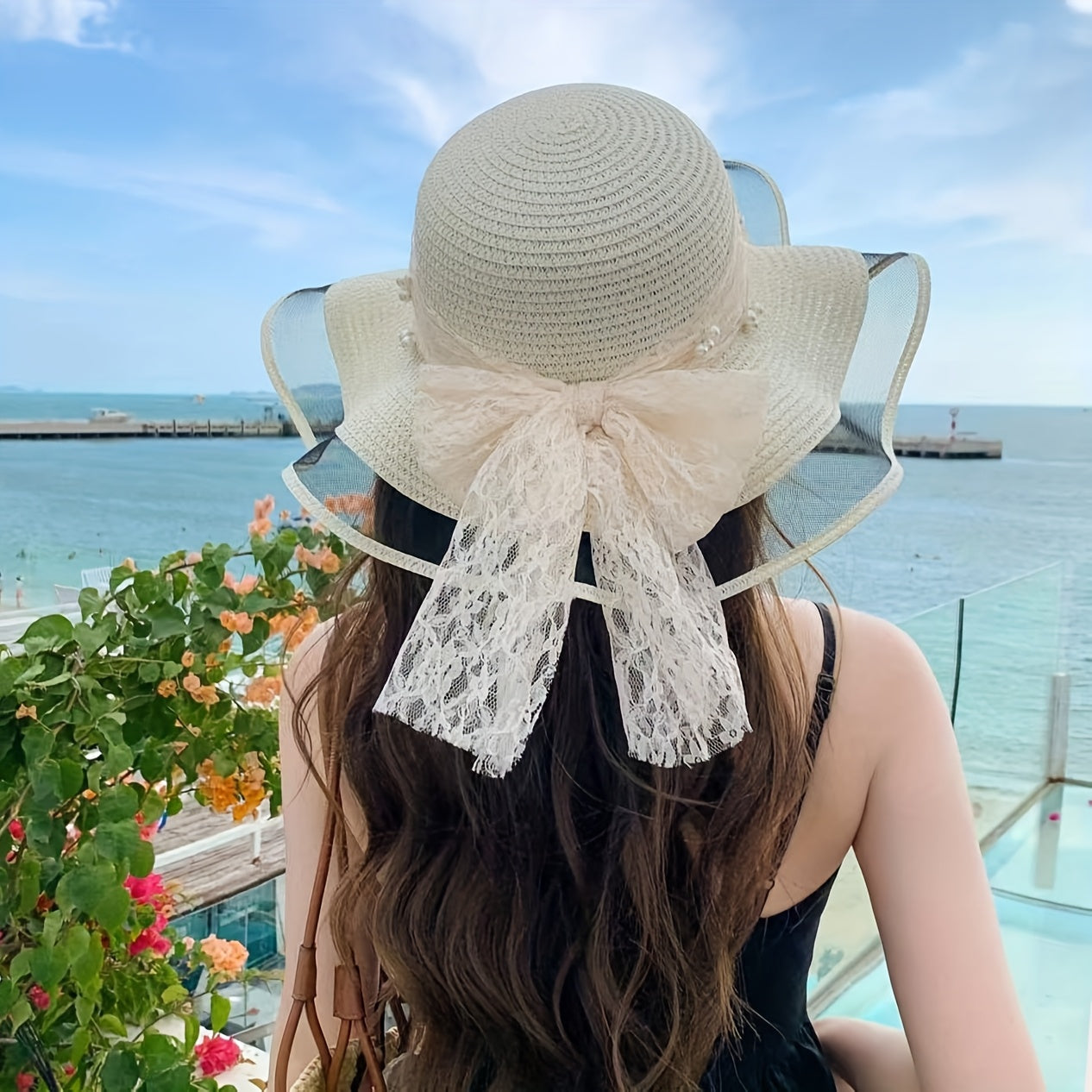 Women'S Elegant Straw Sun Hat with Lace Bow & Mesh Brim - Foldable, Breathable Beach Hat for Summer, Black Ruffled Sleeve Design, Perfect for & Stylish Outfits, Beach Accessories
