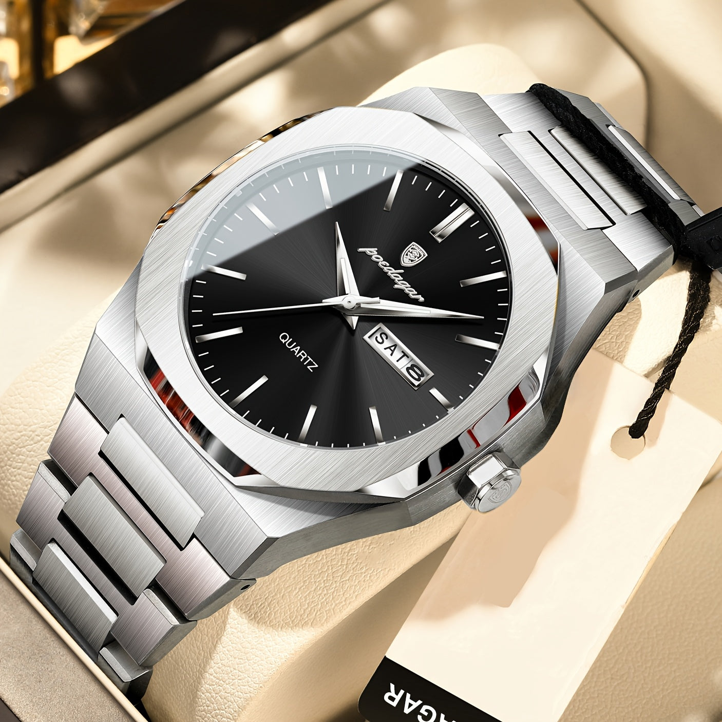 POEDAGAR Men'S Luxury Quartz Watch - Waterproof, Luminous Calendar, Stainless Steel Band, Business Style, Blue & Golden Accents, 3ATM, Non-Rechargeable Button Battery, Perfect for Spring Festival & Valentine'S Day Gifts