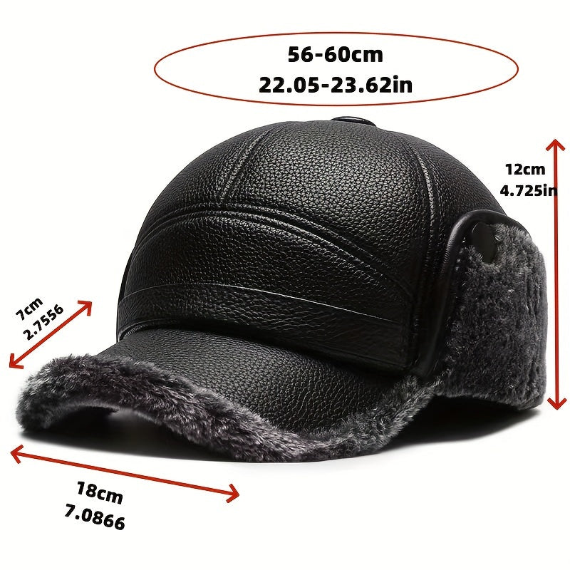Street Style Men's Winter Cap with Ear Warmers, Faux Leather Earflap Hat for Elderly, Warm Duckbill Cap for Cold Weather