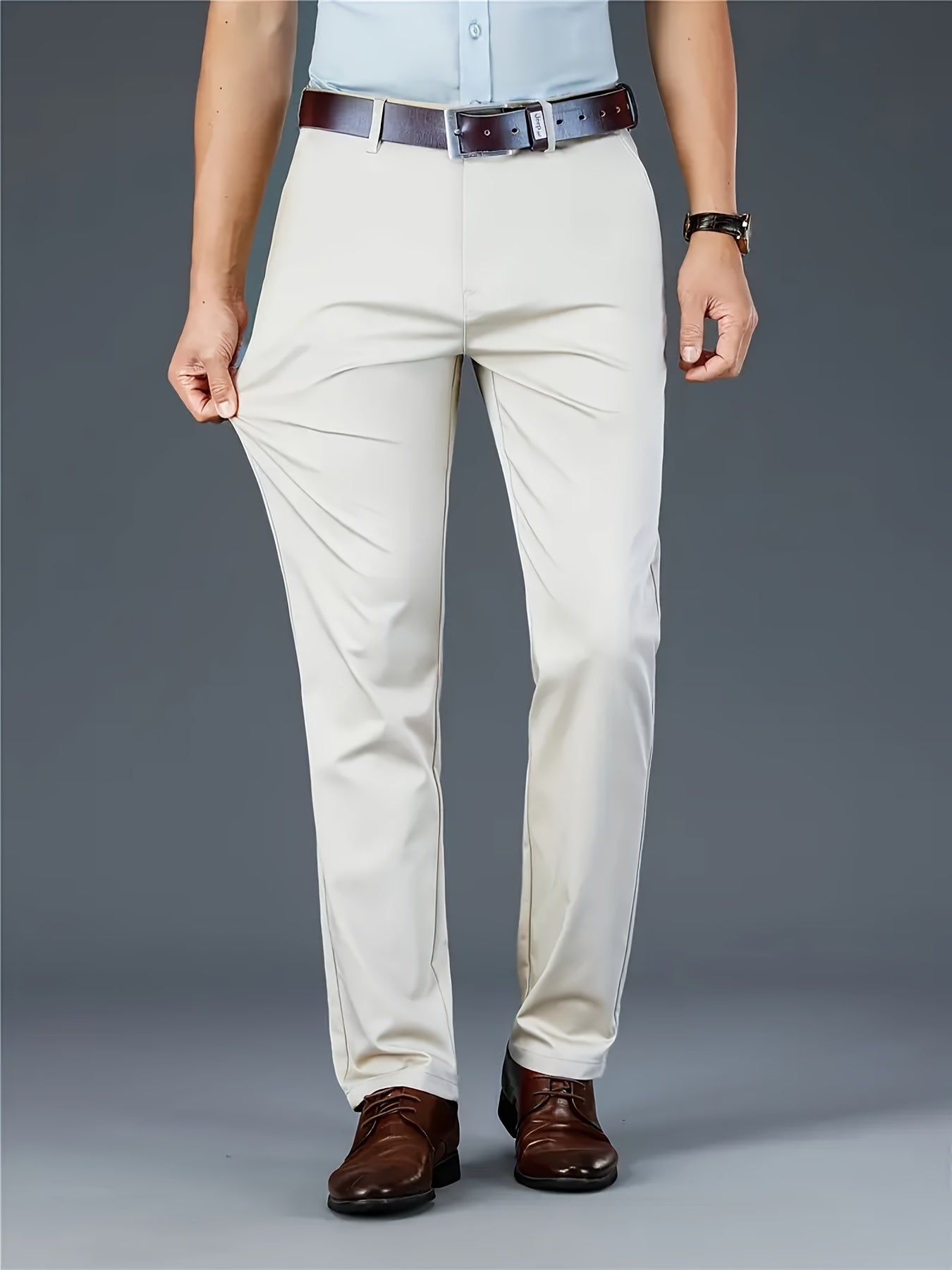 Men's Classic Business Dress Pants, Solid Color Casual Trousers, 100% Polyester, Regular Fit, with Zipper Fly, for Daily Wear and Gifting, All-Season, Allseason Trousers | Notch Lapel Design | Polyester Trousers