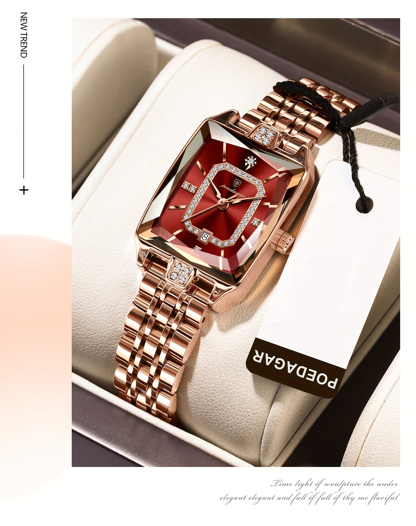 POEDAGAR Elegant Women's Quartz Watch - Rose Golden Stainless Steel, (3ATM), Square Dial with Gemstone Accents, Date Display, Luxury Fashion Accessory for Casual or Formal Occasions