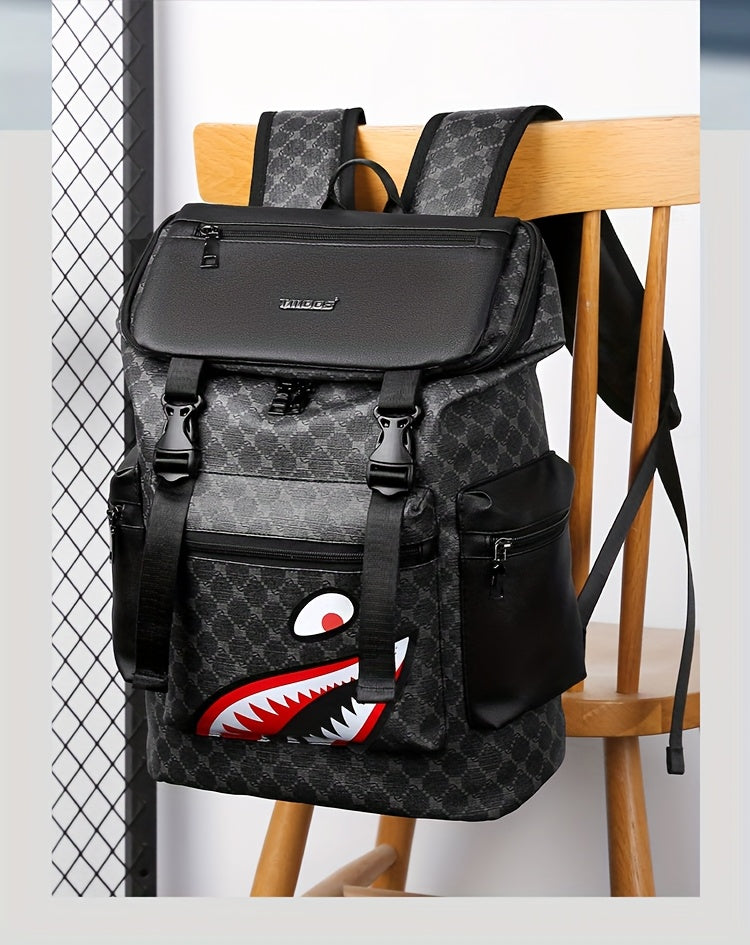Men'S Stylish Black Backpack with Shark Graphic - Lightweight, Large Capacity, Multi-Functional Shoulder Bag for Travel, Commuting, School - Durable PVC Material, Sports & Fitness Design, Backpack for Travel