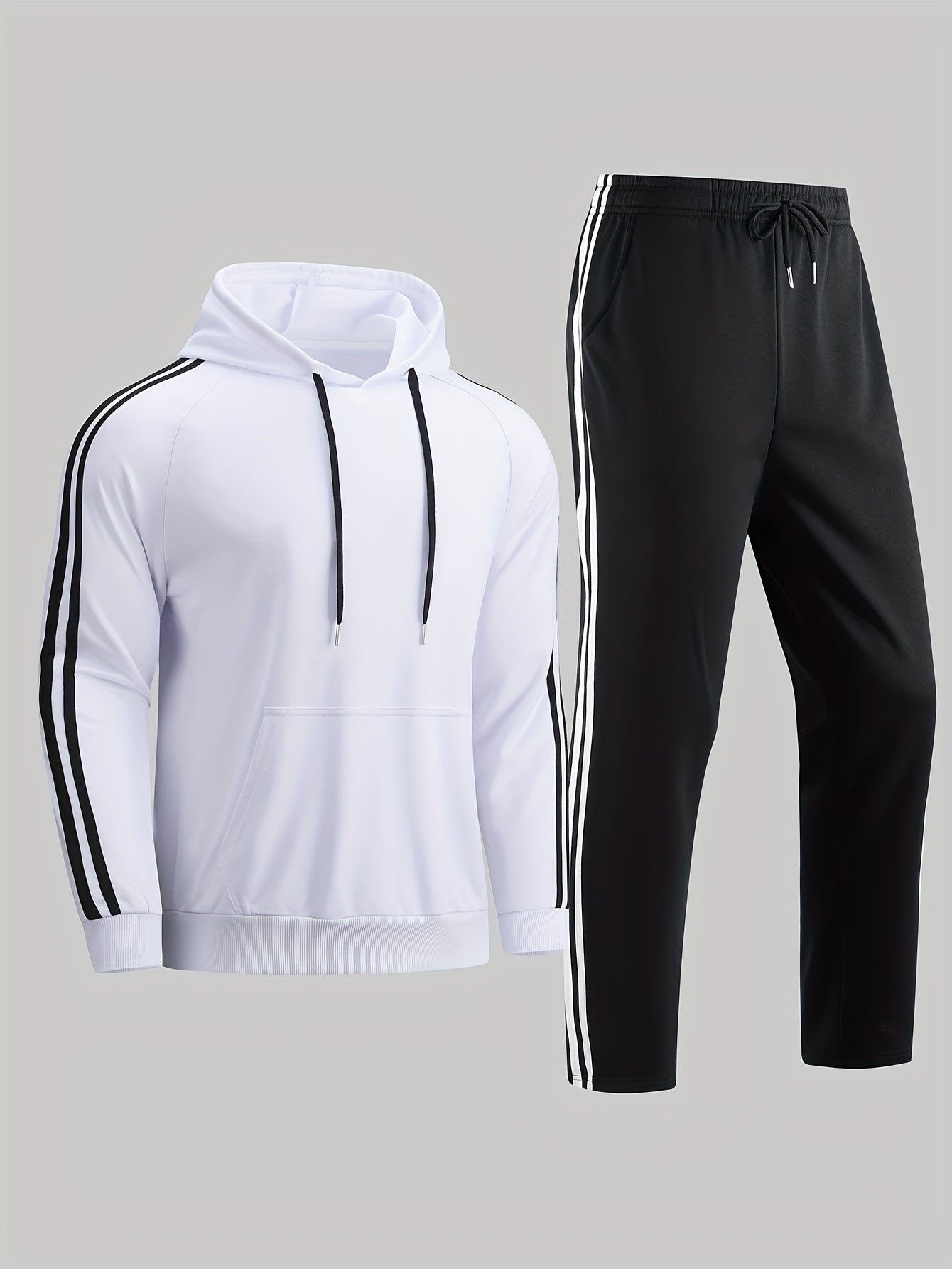 A Set of Two Men'S Casual Sports Outfits, Featuring a Striped Design with Moderately Soft Fabric, Suitable for Outdoor Running And Fitness Activities in All Seasons.