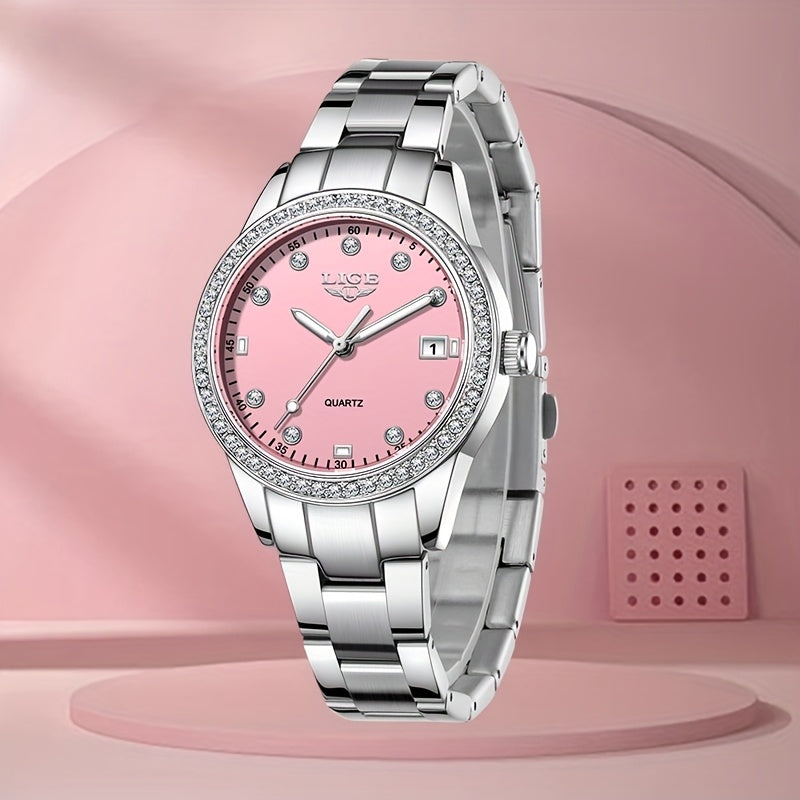 Elegant Pink Women'S Watch - LIGE Quartz Chronograph with Stainless Steel Band, Rhinestone Accents, Date Display & Heart Rate Monitor - Ideal Mother'S Day Gift, Gift for Women | Elegant Timepiece | Quartz Movement, LIGE