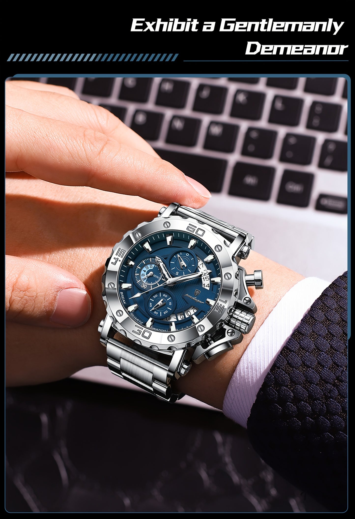 POEDAGAR Men'S Luxury Stainless Steel Business Watch with Date Display, 3ATM Blue Dial, Rotating Bezel, Alloy Case, Quartz Movement - Elegant Formal Accessory, Formal Accessory|Luxurious Watch|Quartz Movement Watch