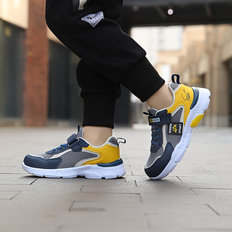 Kids' Low-Top Outdoor Sports Shoes with Closure - Breathable Mesh & Upper, EVA Cushioned Sole for Hiking Running Basketball - Grey/Yellow/Blue Colorway, All-Season Boys & Girls Sneakers, Kids Hiking Gear, Durable Kids Footwea