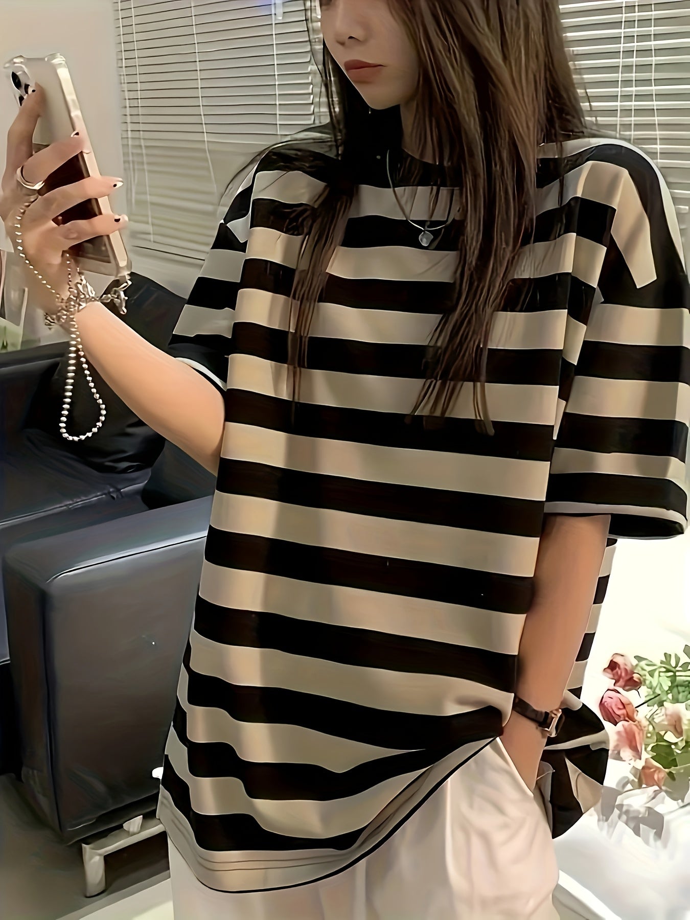 Women'S Classic Black & White Striped T-Shirt - Casual Summer Short Sleeve, Ultra-Loose Fit with Round Neckline, Machine Washable Polyester Blend, Allseason Top|Relaxed Fit Top|Stretchable Fabric