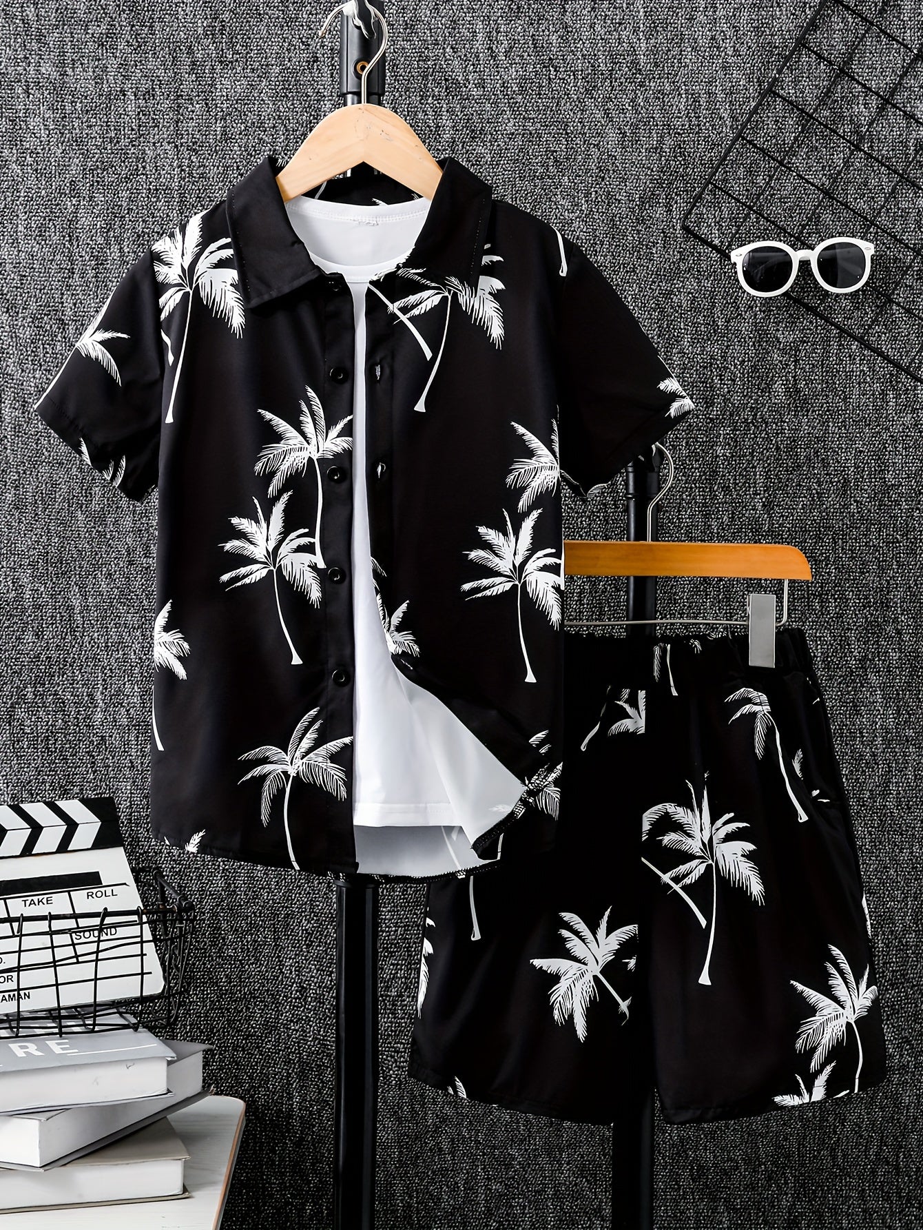 2pcs Boys Casual Coconut Tree Graphic Print Short Sleeve Lapel Shirt & Shorts Set, Comfy Summer Boys Clothing For Daily & Outdoor Wear