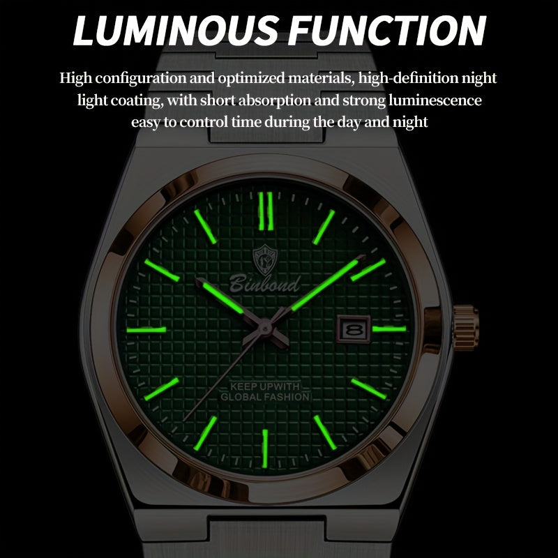 Binbond Luxury Men's Quartz Watch - Stylish Blue Dial, Rose Golden Accents, Waterproof Stainless Steel Band, Calendar Feature, Fashionable Business Design, Formal Accessory | Modern Quartz Watch | Rose Golden Details