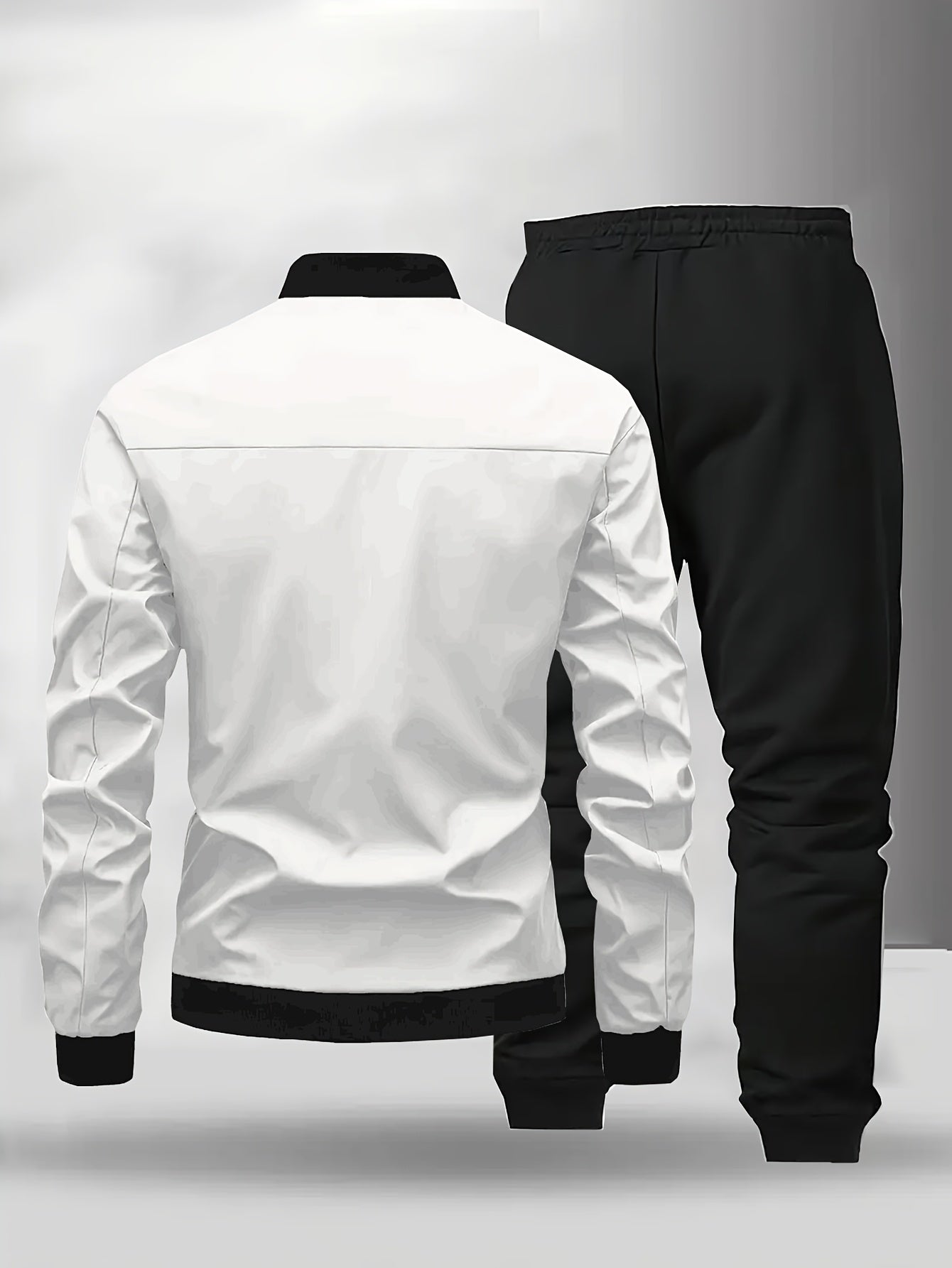 Men'S Casual Two-Piece Athletic Set - Black Baseball Collar Jacket with Zipper, Elastic Waistband Pants, Regular Fit for Spring/Fall, Spring Outerwear | Sporty Casualwear | Zippered Jacket