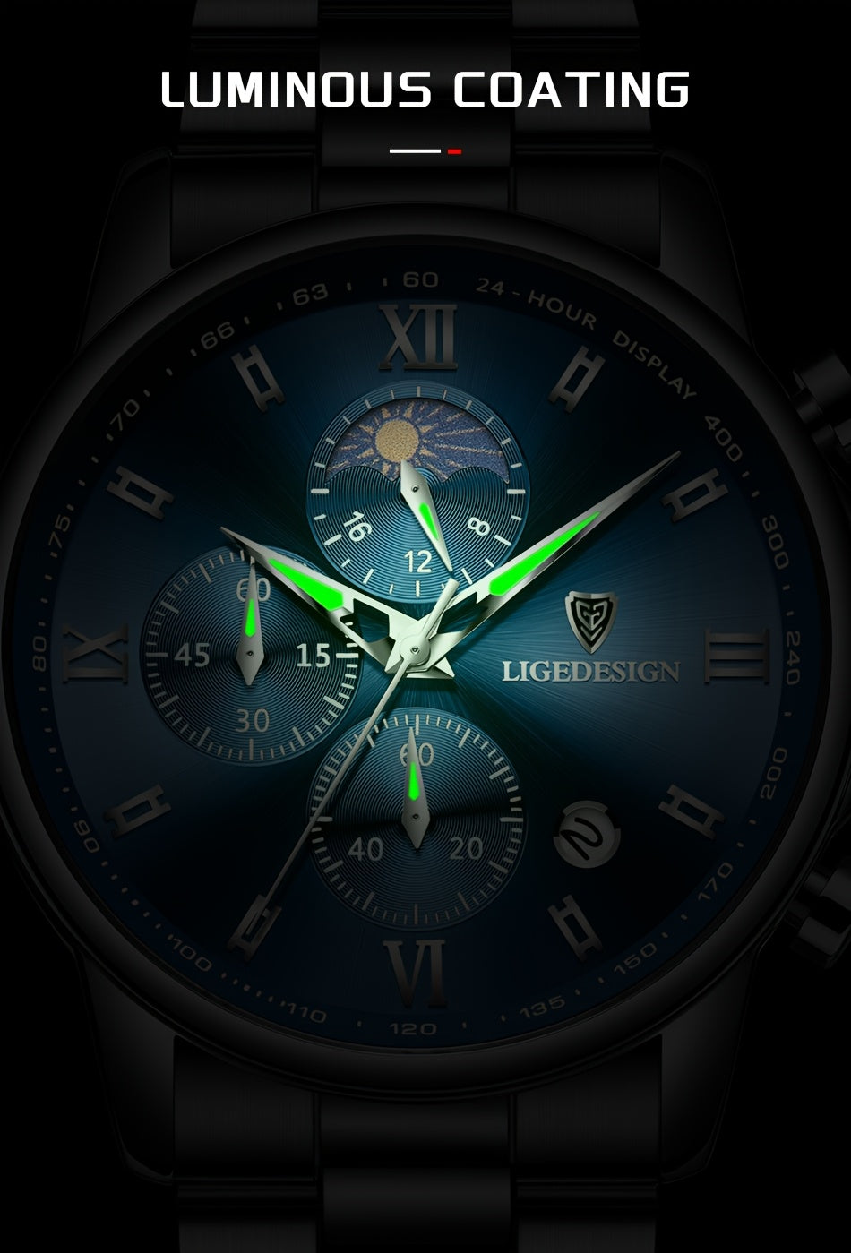 LIGE Black Blue Quartz Watch with Calendar, Exquisite & Simple Dial Stainless Steel Strap Multiple Colors High-quality Wrist Watch