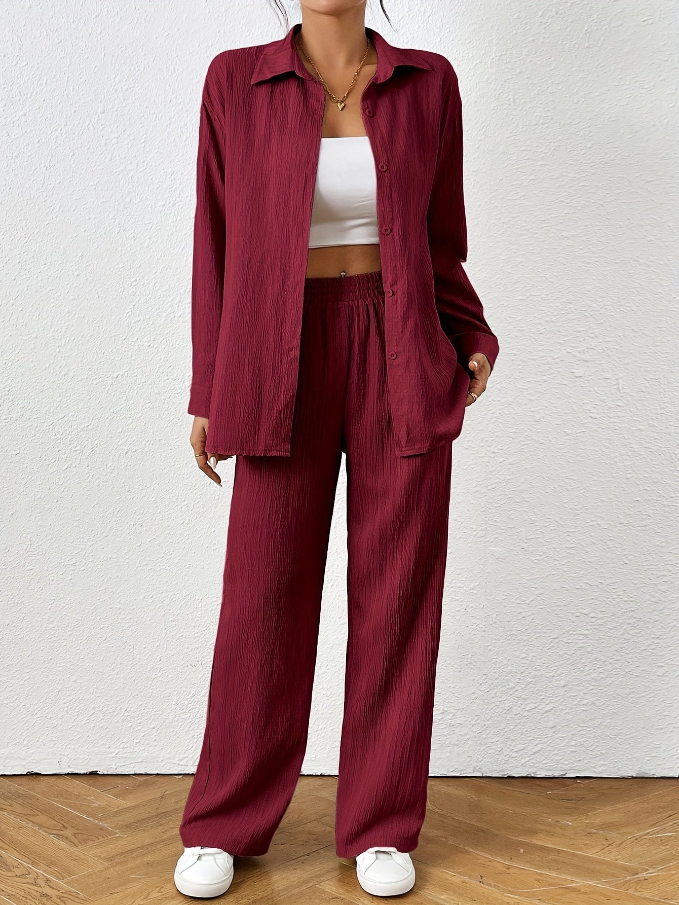 2pcs Women Spring & Autumn Casual Solid Color Long Sleeve Shirt And Pants Set