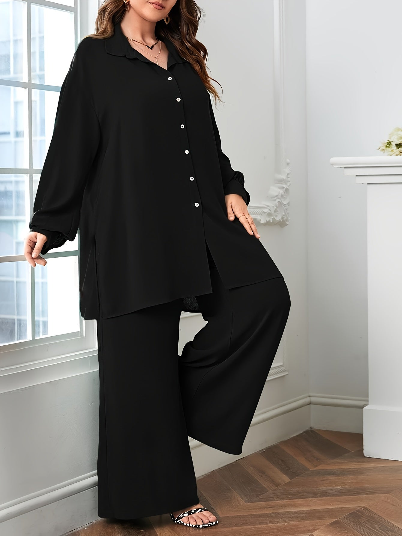 Elegant Plus Size Women'S Two-Piece Set: Stylish V-Neck Blouse & Wide Leg Pants - Perfect for Formal Occasions, Plus Size Blouses