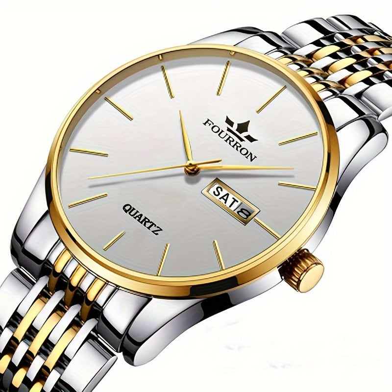 FOURRON Men's Luxury Stainless Steel Quartz Watch with Date & Calendar - Luminous, Fashionable Casual Design for Business, Travel & Casual Attire - Perfect Birthday Or Holiday Gift Valentine's Day