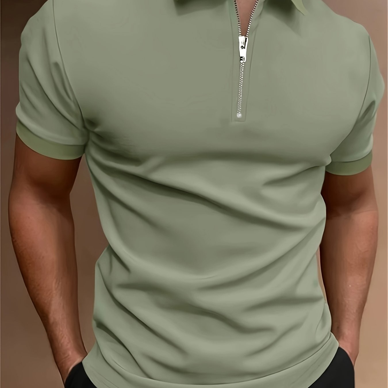 Casual Stretch Men's Solid Color Zipper Lapel Golf Shirt, Male Summer Streetwear