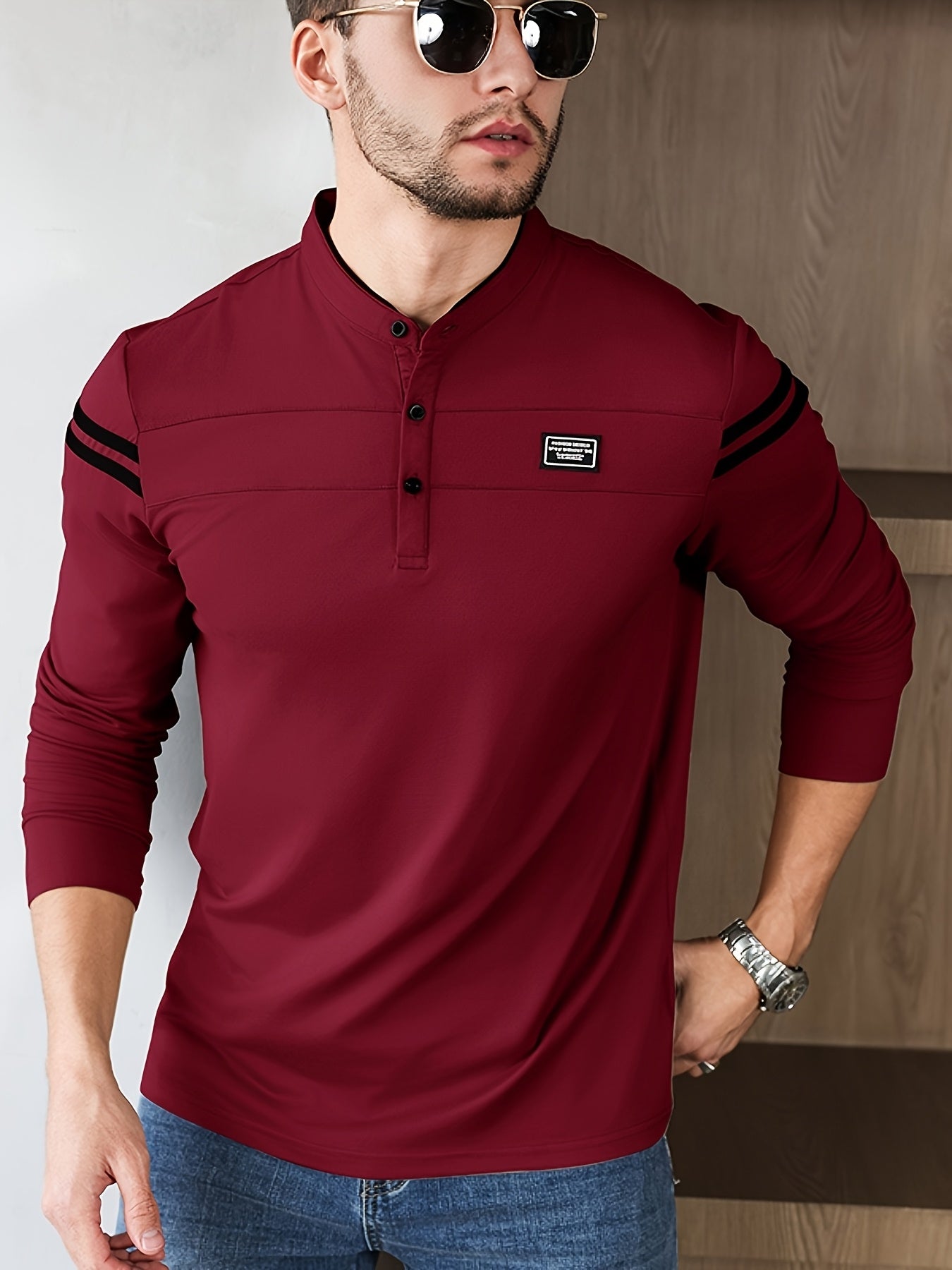 Men'S Casual Long Sleeve T-Shirt - Solid Color with Stand Collar & Stripe Polo, Button-Up Front, Ideal for Outdoor Activities