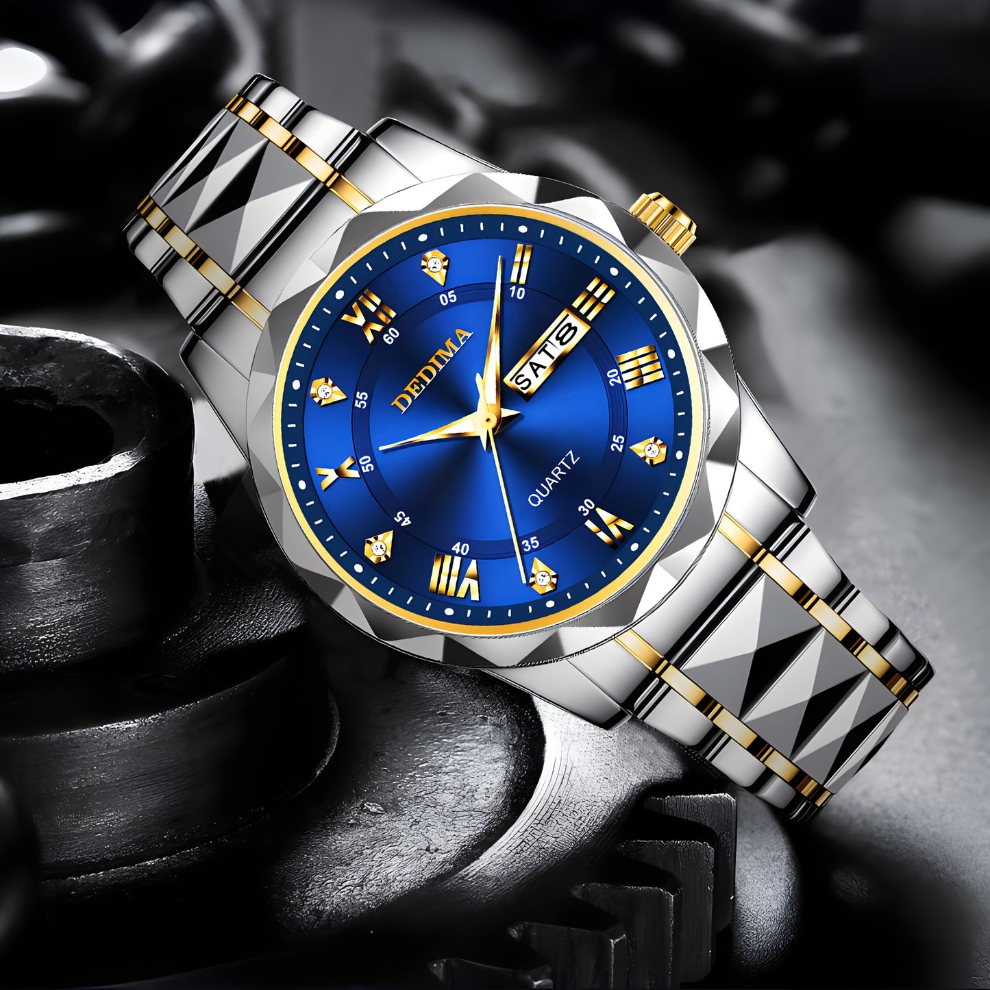 Elegant Men's Stainless Steel Watch with Dual Calendar, Luminous Display & Rhinestone Accents - Perfect for Business or Casual Wear