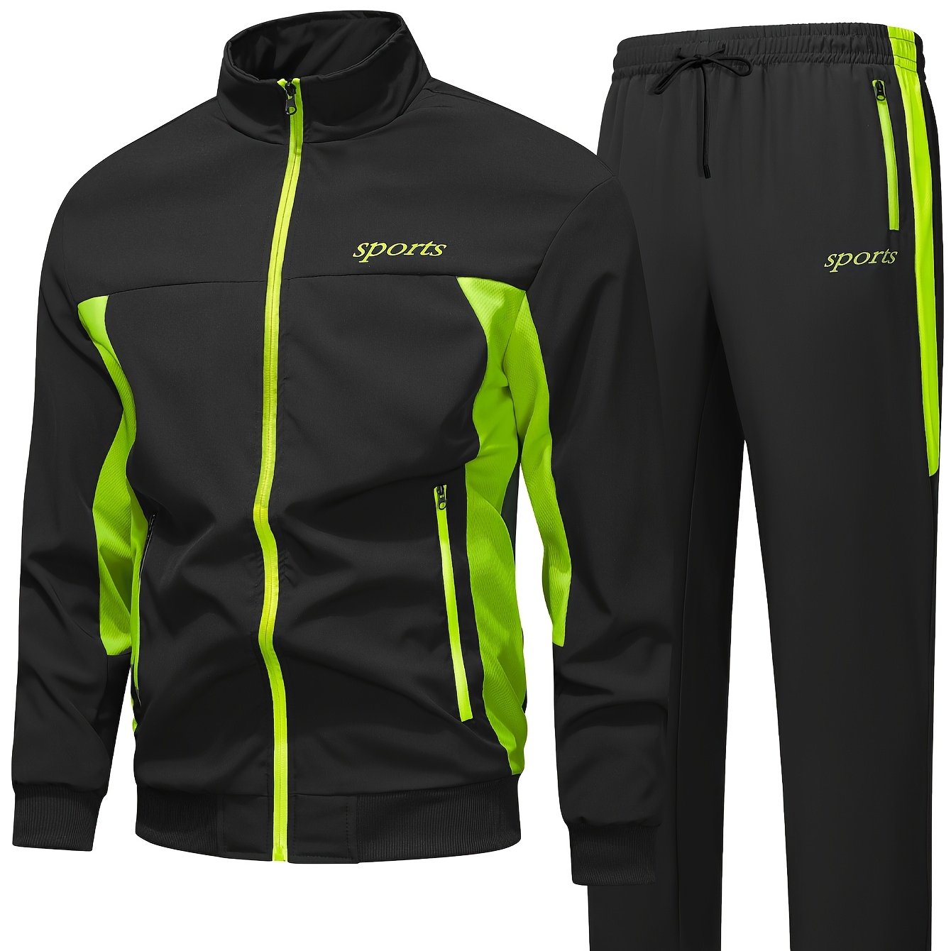Men's Two-Tone Spliced Jacket and Pants Set in Fluorescent Green with 'Sports' Letter Print, Eye-Catching Fashion Design, Comfortable Soft Fabric, Essential Outfit for Home or Outdoor Wear TZ8030