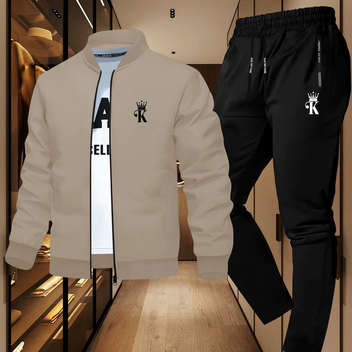 Men'S Trendy Two-Piece Jacket and Sweatpants Set in Navy Blue with Stylish Print, Casual Youth Activewear, Zipper Detail, Long Sleeve, Slim Fit, Fall/Winter Collection