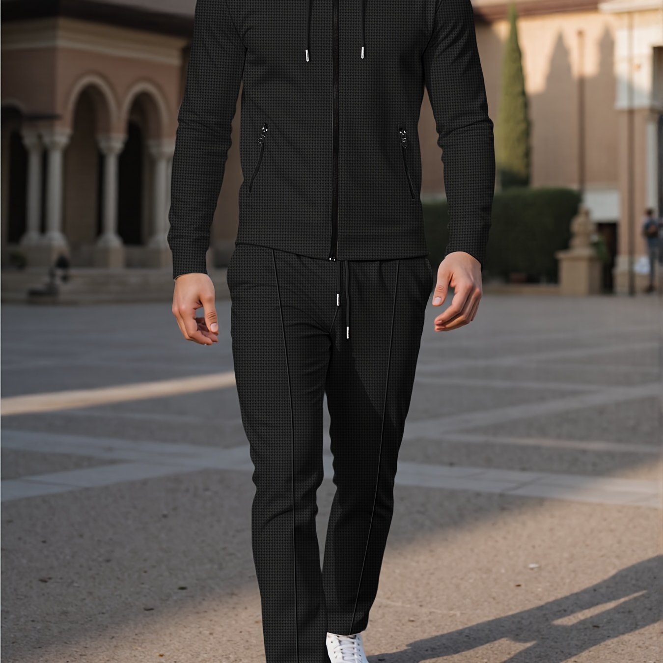 New Style Autumn Men's 2pcs Set, Casual Hooded Long Sleeve Zip-Up Sweatshirt and Drawstring Jogger Pants with Pockets, All-Season Outfit for Men