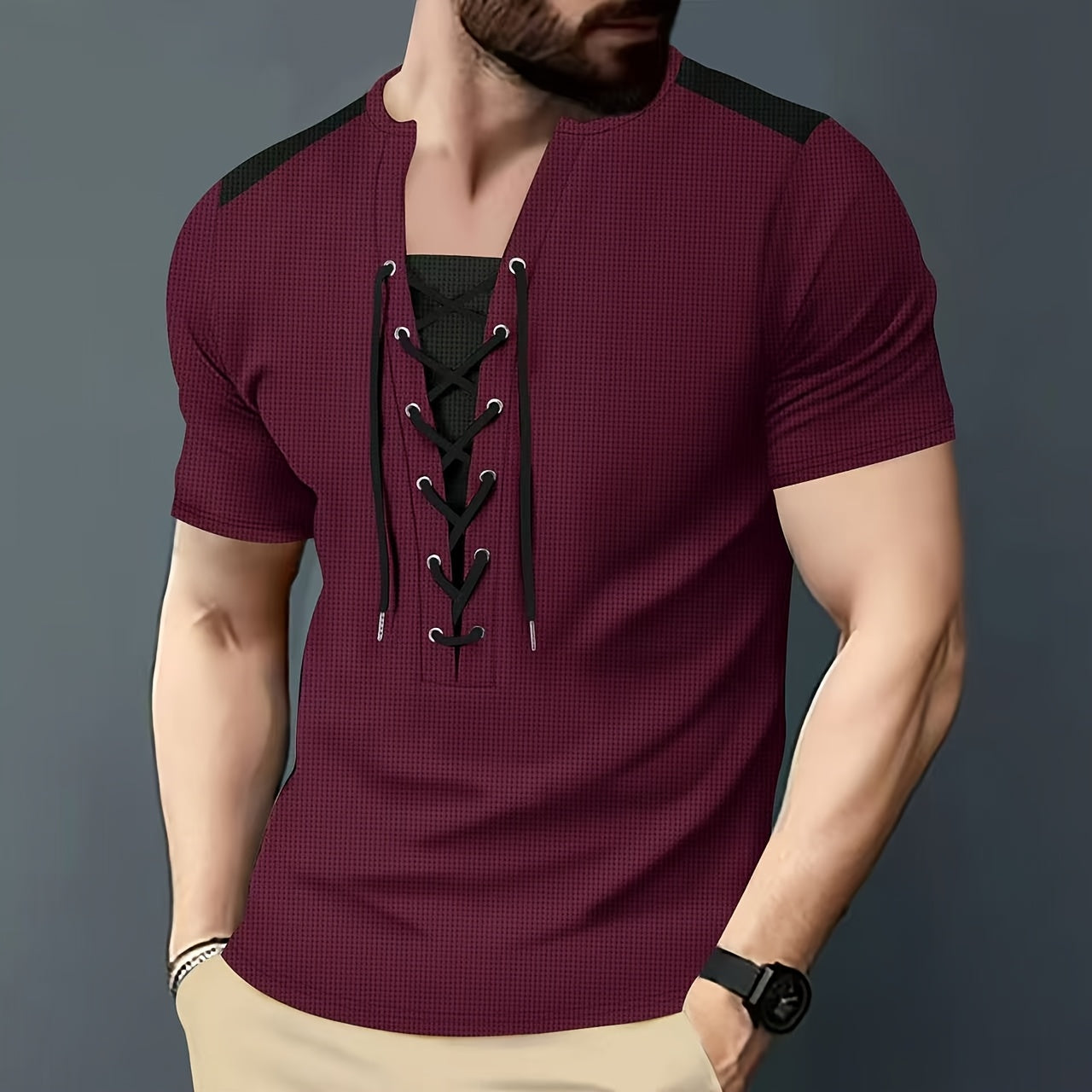 Men'S Casual Waffle Knit Short Sleeve T-Shirt with Drawstring Detail - Maroon & Black, Round Neck, Breathable Polyester Fabric for Summer Outings, Casual Weekend Wear | Round Neck Tee | Stylish Contrast Stitchin