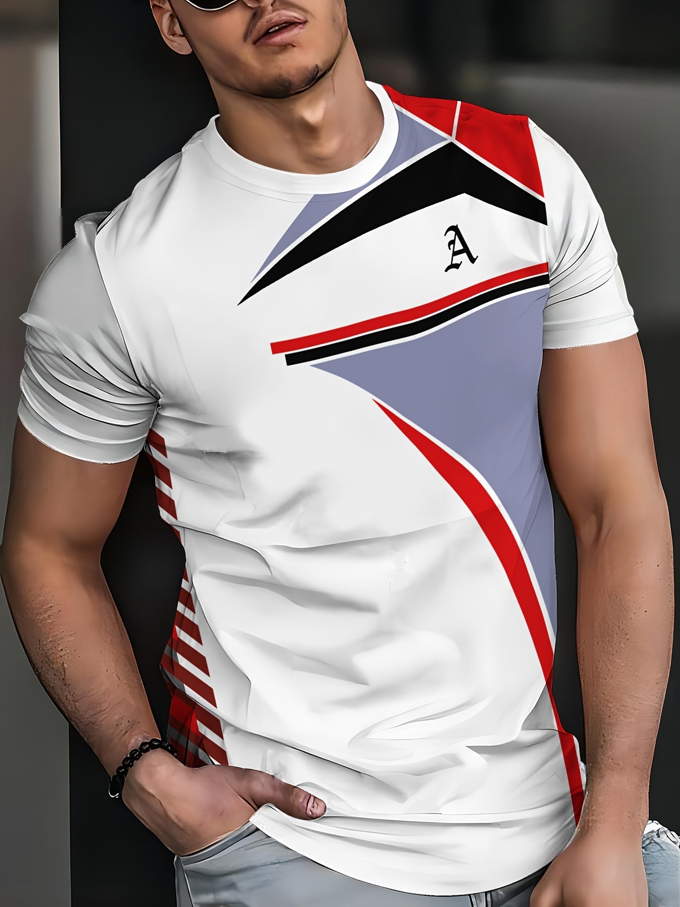 Men's Black 3D Geometric Print T-Shirt – Casual Short Sleeve Summer Tee with Red & Gray Accents, Round Neck, Machine Washable for Outdoor Sports, Everyday Comfort, Durable Fabric