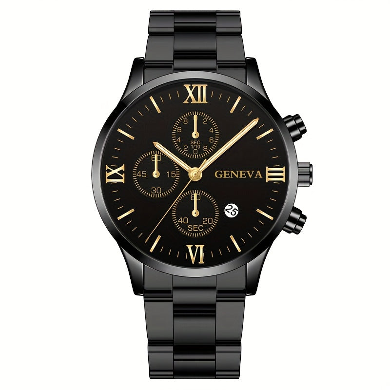 1pc Men's Stylish Black Quartz Watch with Stainless Steel Band - Elegant Roman Numerals, Date Display, and Golden Accents - Perfect Gift for Christmas, Thanksgiving, Valentine's Day - Ideal for Him or Family, Date Feature Wat