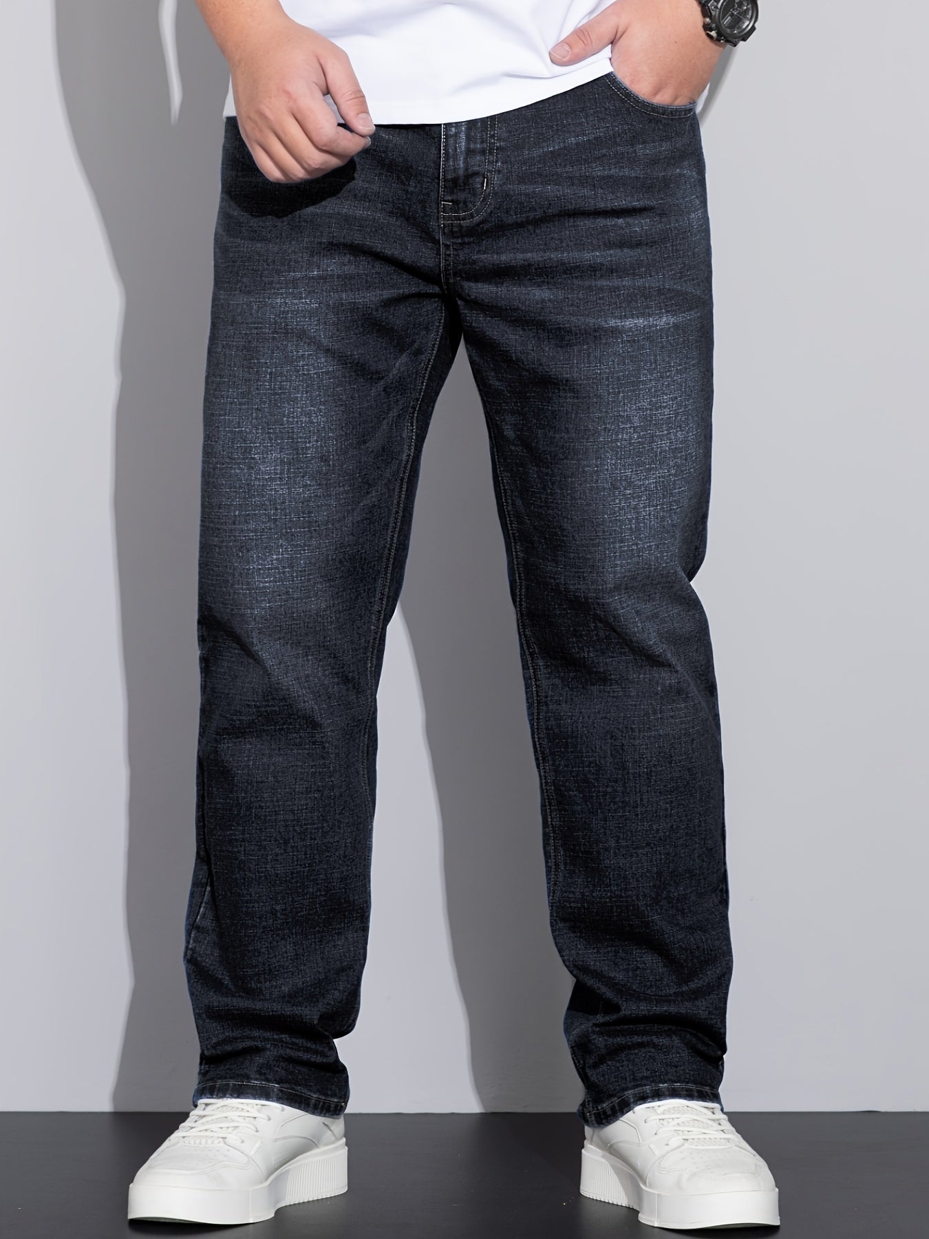 Men's Plus Size Loose Fit Stretchy Cotton Denim Pants, Lightweight Business Casual Jeans For All Seasons