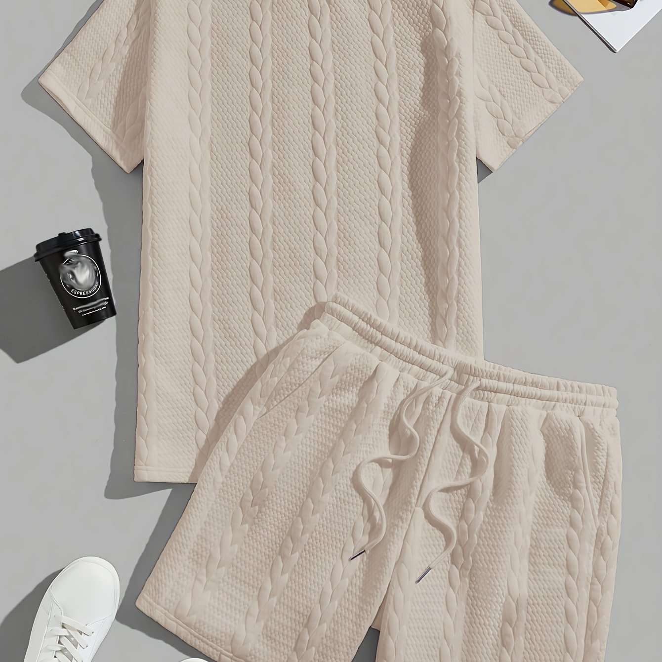 Men'S Casual Short Sleeve T-Shirt and Shorts Set - Knit, Light Gray, Two-Piece, All-Season Comfort, Drawstring Waist, Casual Style, Allseason Comfortwear | Casual Style Set | Knit Texture, Thick