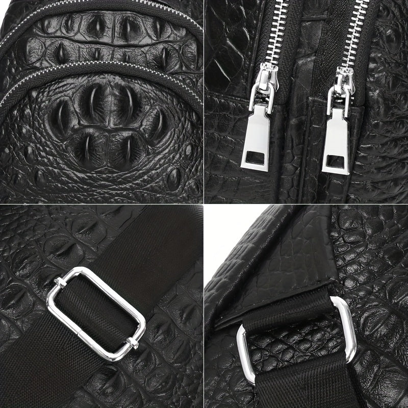 SCHLATUM Genuine Leather Crocodile Pattern Sling Bag - Black, Large-Capacity Multifunctional Crossbody Backpack for Travel, Sports & Camping, Stylish Zipper Closure Design