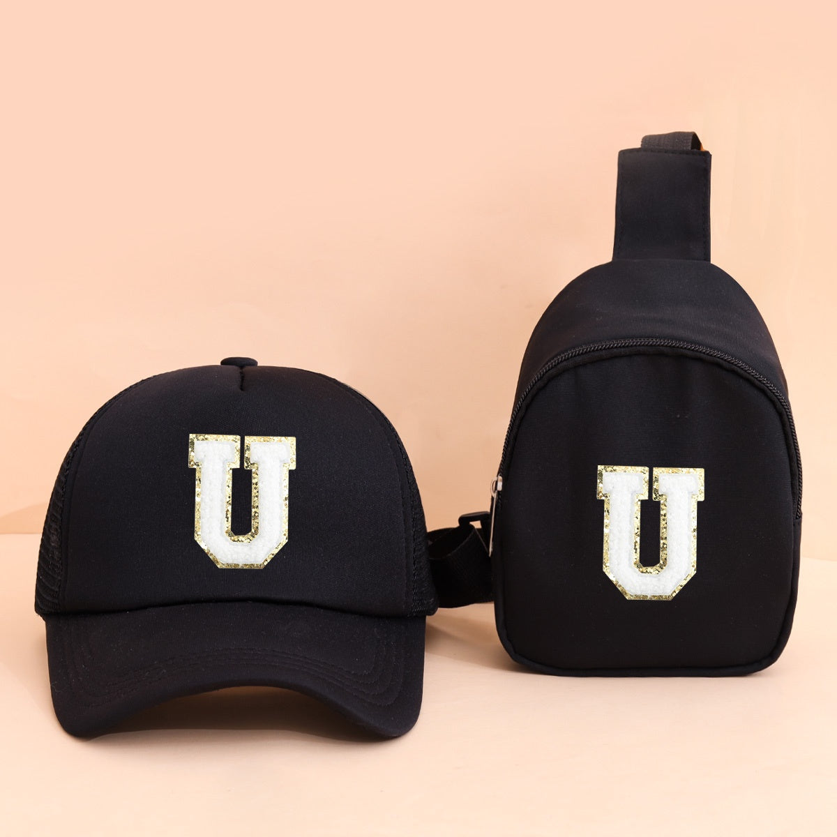2pcs Kids' Printed Alphabet Pattern Set, Includes 1 Black Stylish Breathable Trucker Hat and 1 Black Crossbody Bag, Lightweight Sun Hat with Small Coin Purse, Suitable for Boys and Girls Aged 5-10 for Daily Outings and Back-t