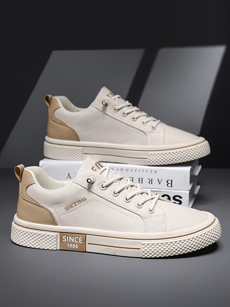 Men's Casual Low-Top Sneakers - Breathable Fabric & Durable PVC Sole, Black & Beige Contrast Design, Lace-Up Round Toe for All-Season Comfort, Versatile for Casual & Semi-Formal Wear, Comfortable Footwear, Fabric Upper