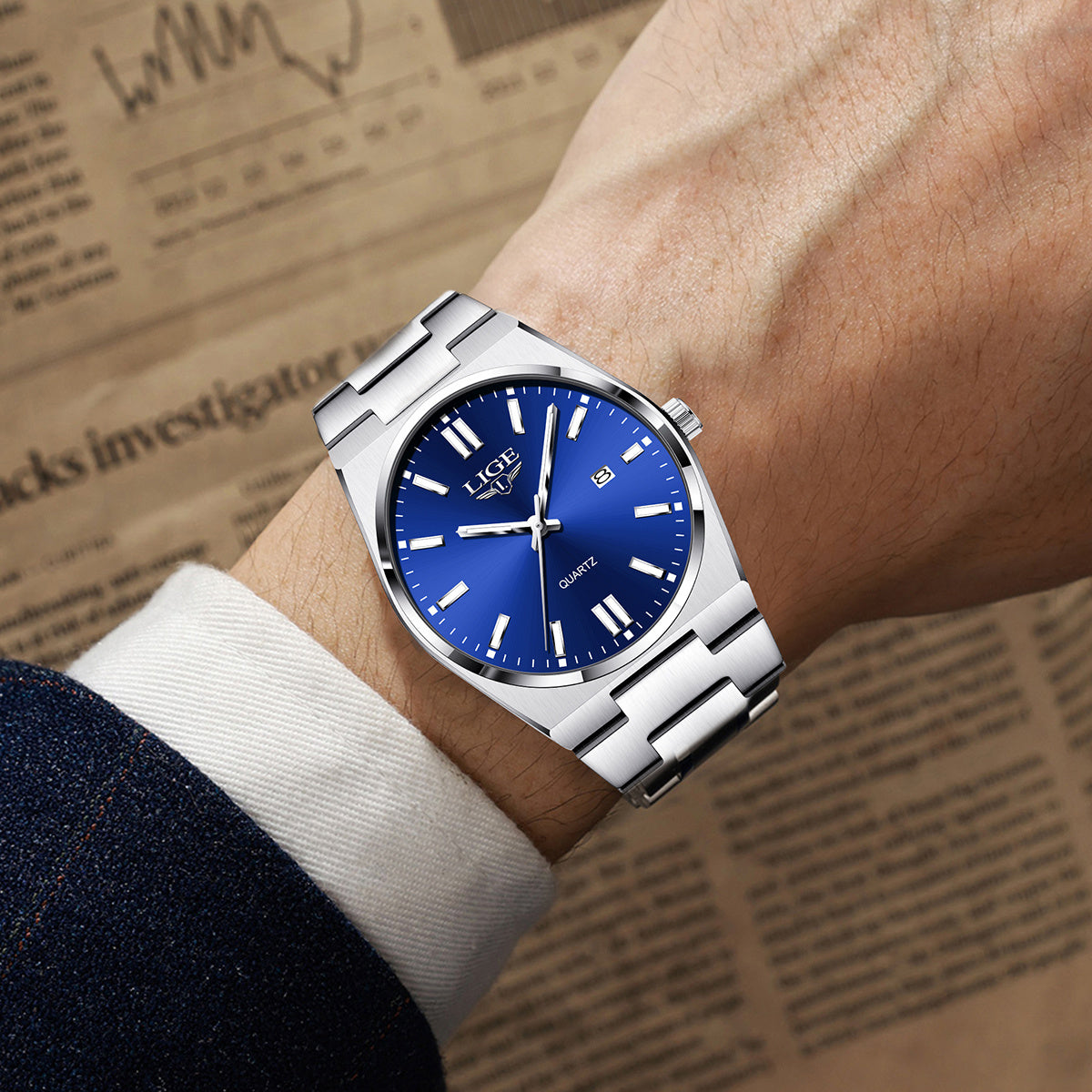 LIGE Stainless Steel Sports Watch for Men and Women - Dual Display Digital & Quartz Movement, Blue Dial, Rotating Bezel, Date Display, Metal Bracelet, Gift Box Included, Watch Accessories, LIGE