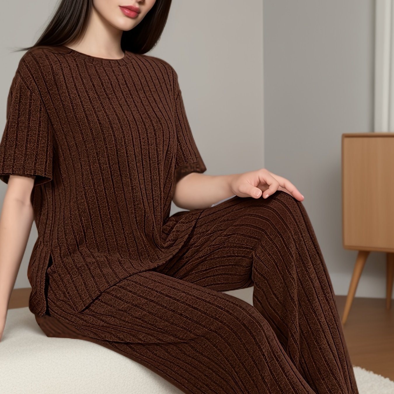 Women's Solid Ribbed Elegant Loose Fit Lounge Set, Short Sleeve Round Neck Top & Pants, Comfortable Relaxed Fit