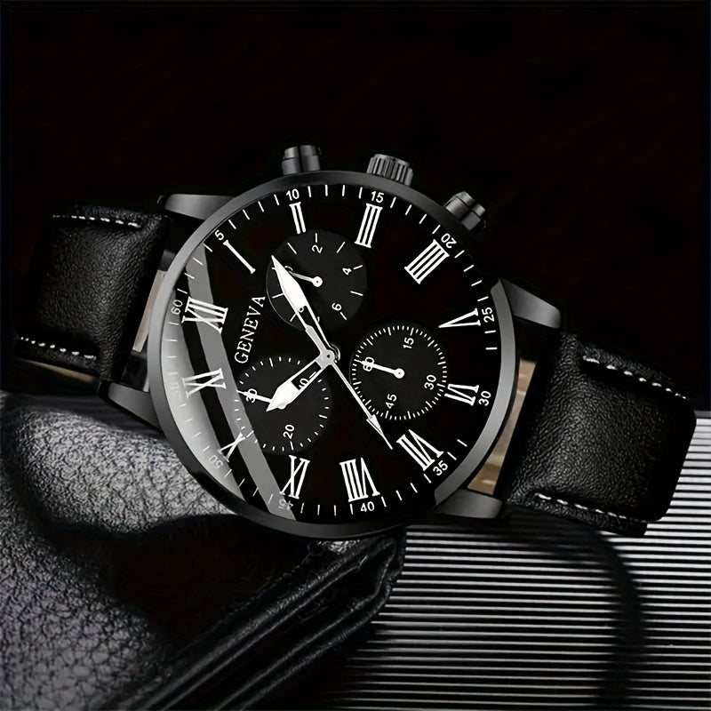 1pc Fashionable Men'S Quartz Watch, Large Dial, Zinc Alloy Case, Round Dial, Faux Leather Strap, Battery Powered, Electronic Drive, Non-rechargeable Button Battery, Business Style Wristwatch (Watch Box Not Included)