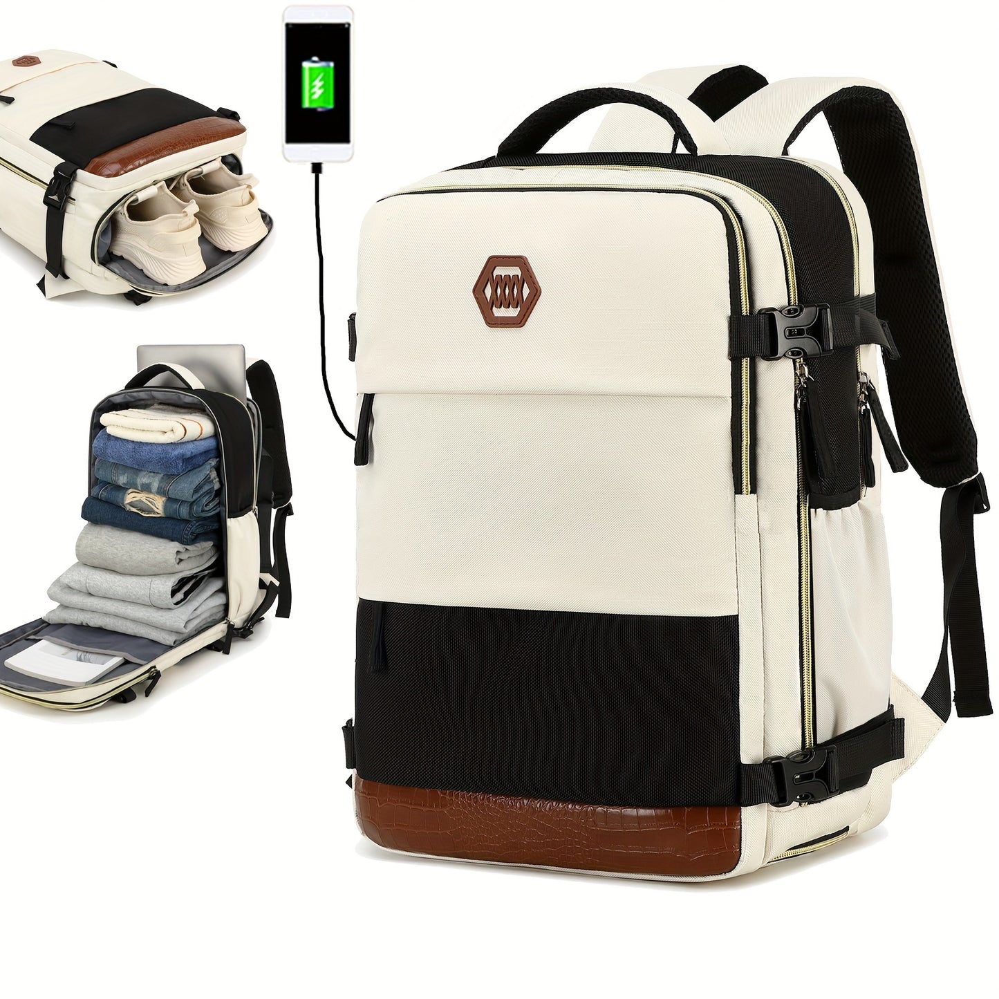 Large Capacity Women'S Travel Backpack with Shoe Compartment, Flight Approved Carry-On, Business Laptop Bag, Polyester Lined, Adjustable Strap, Zipper Closure, Solid White, USB Powered