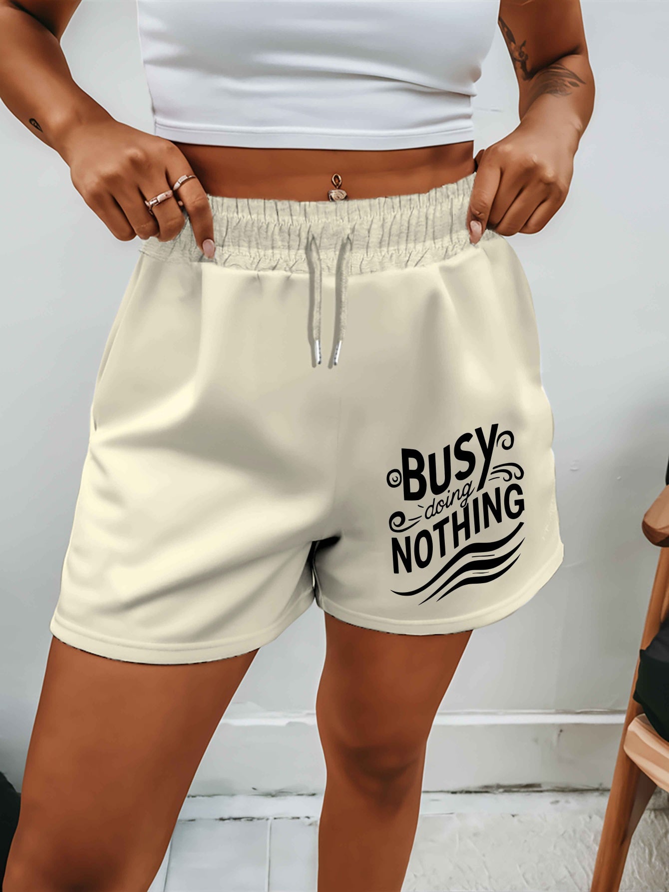 Busy doing nothing 2025 New Plus Size Women'S Shorts Summer Casual Versatile Medium Pants Sports American Trendy Outerwear Extra Large Five-Fifth Pants Summer Beach Pants - Polyester, Casual, Summer, Track Shorts, Slight Stre