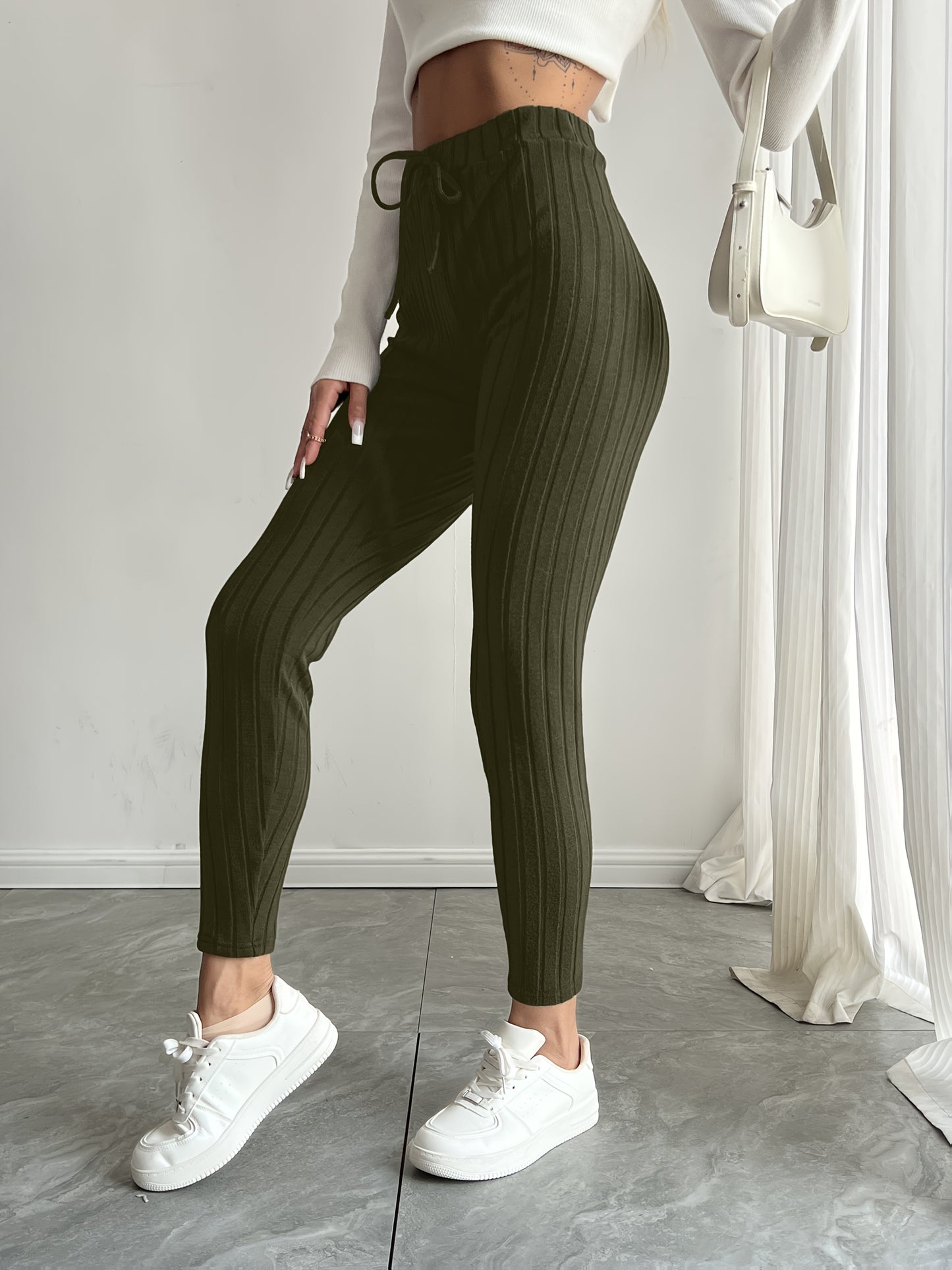 High-Waisted Drawstring Skinny Knitted Pants For Everyday Wear - Solid Color Women's Casual Clothing