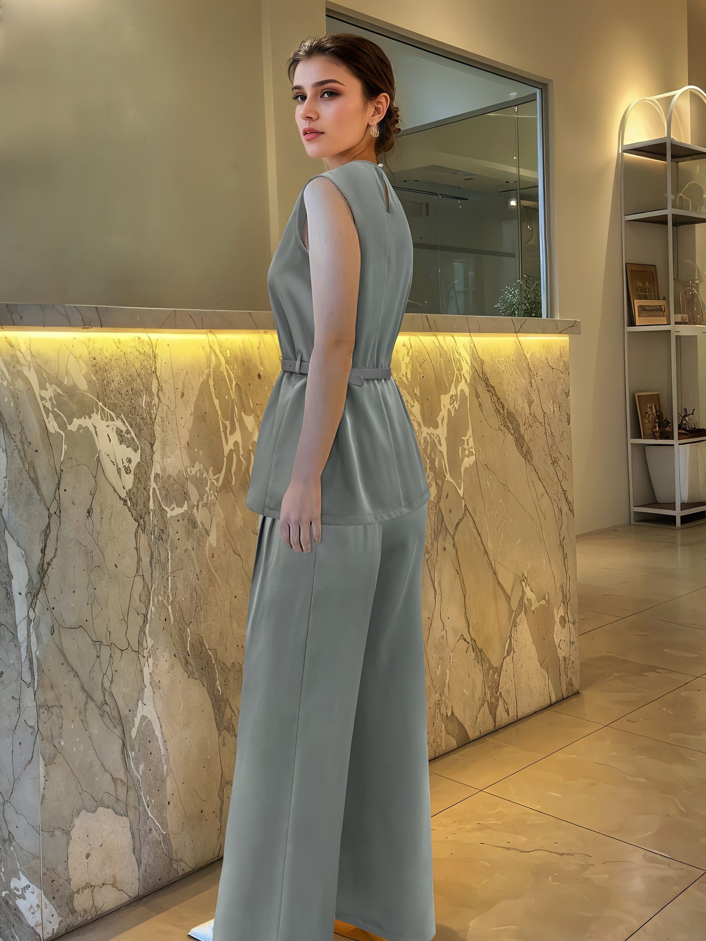 Urban Commute Casual Elegant Two-Piece Set with Unique Cross-Cut Sleeveless Belted Waist Design High-Waisted Wide-Leg Pants, Comfortable and Versatile for Various Occasions