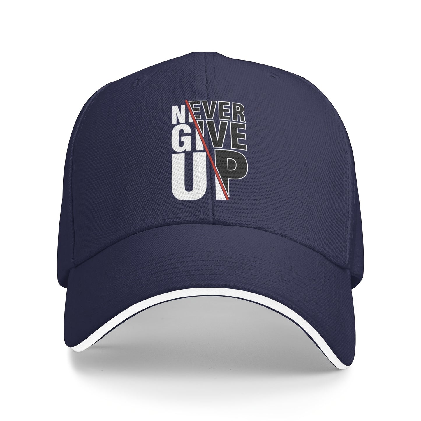 1 Pack Never Give Up Print Baseball Cap - Adjustable Snapback Dad Hat with Breathable Mesh Back, Funky Unisex Trucker Hat for Outdoor Fishing Driving, Black with White & Red Lettering, One Size Fits Most (53.34-63.5 cm)