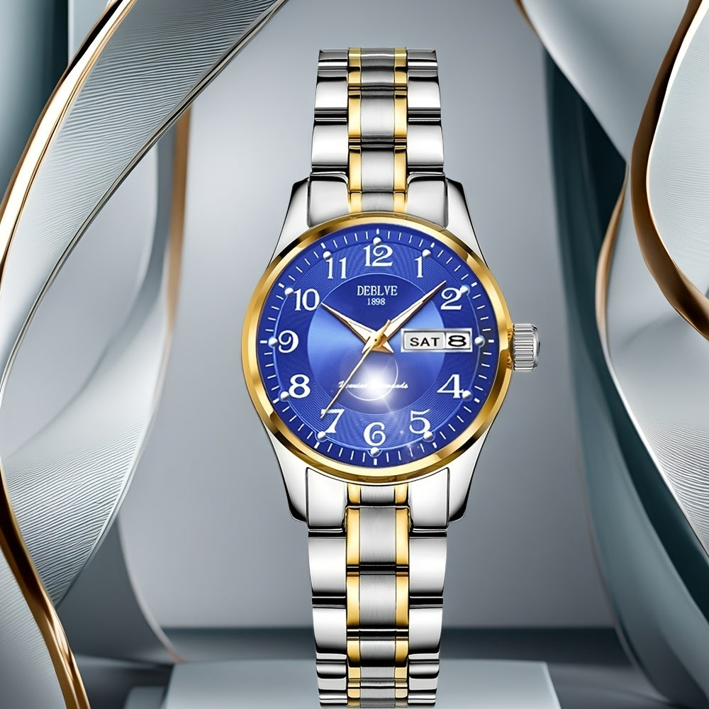 DEBLVE Women'S Watch - Glowing Face, Steel Strap, Week Calendar Display, Perfect Present for Birthdays, Celebrations, And Anniversaries