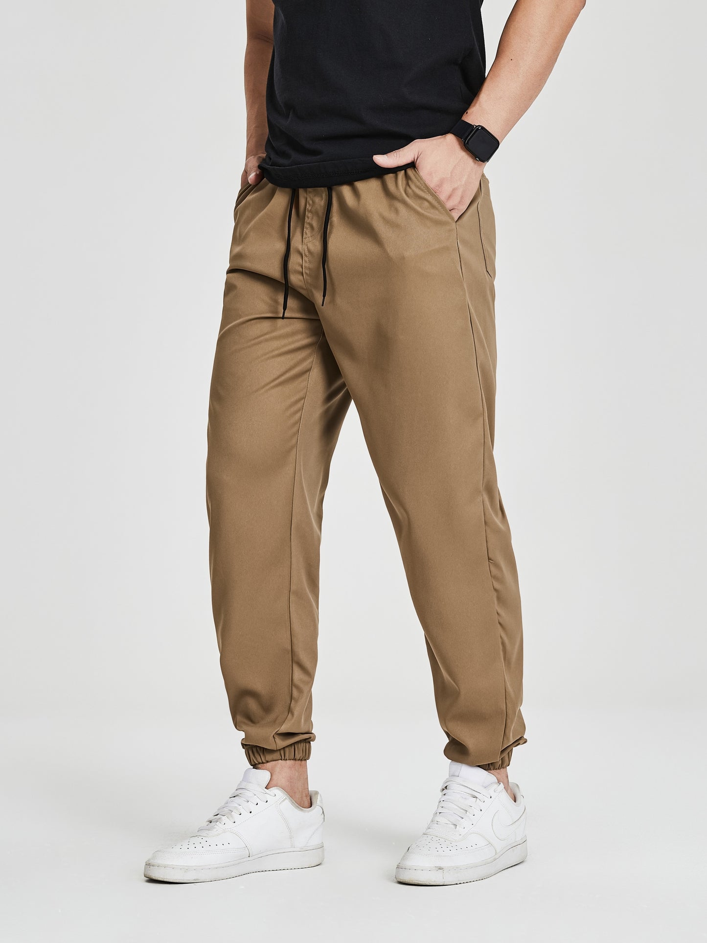 Men's Solid Color Drawstring Cargo Pants - Casual, Loose Fit with Multiple Pockets, Machine Washable