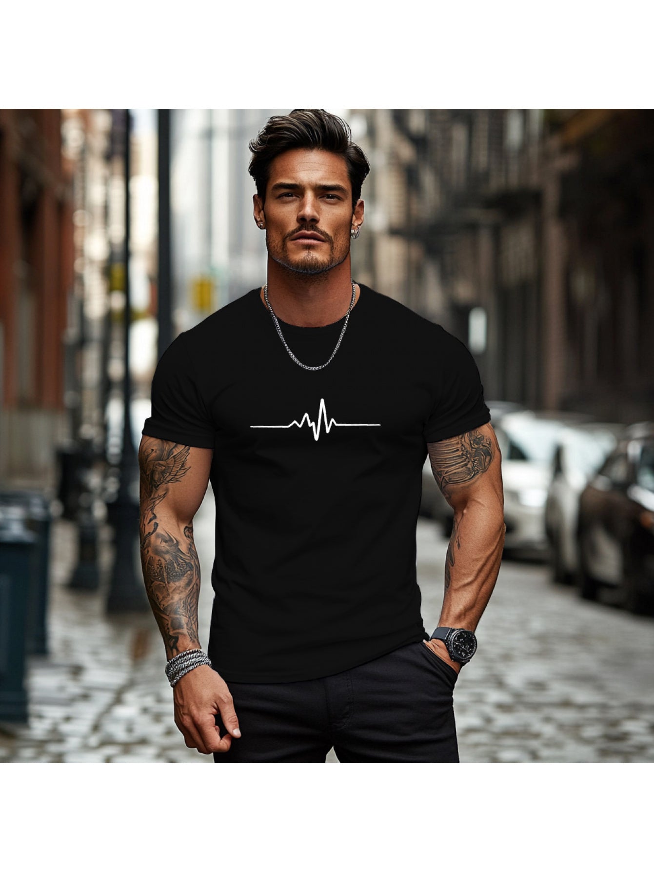Men'S Brown T-Shirt with ECG Heartbeat Graphic - Casual Streetwear, Short Sleeve, Round Neck, Stretch Fabric, All-Season Comfort, Casual Streetwear Tee | Round Neck Tshirt | Comfortable Fit
