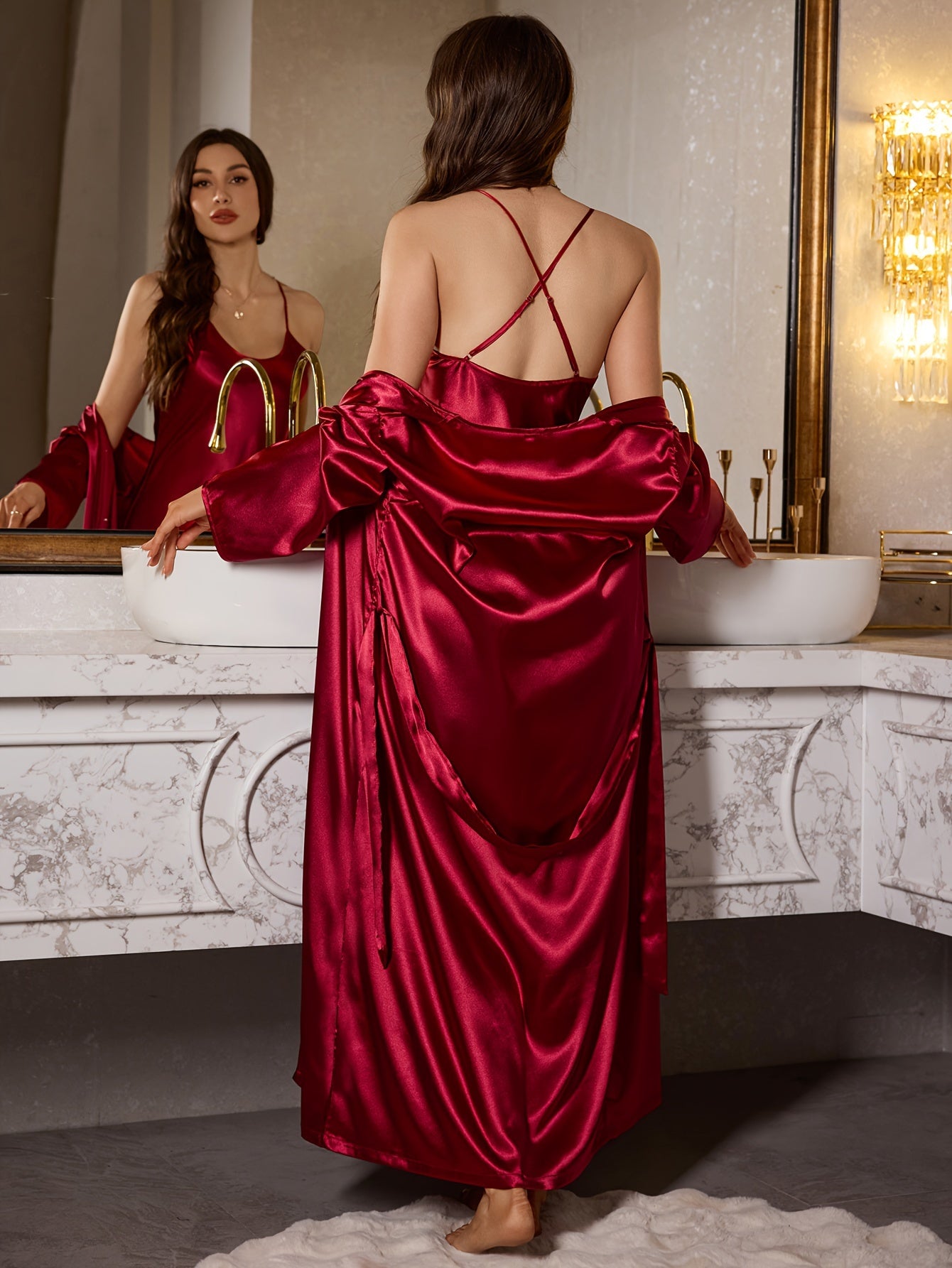 2pcs Elegant Red Satin Robe and Sleepwear Set for Women - Fall/Winter Collection, Sexy & Comfortable Loungewear with Pendant Neckline, Crew Neck, Two-Piece Se