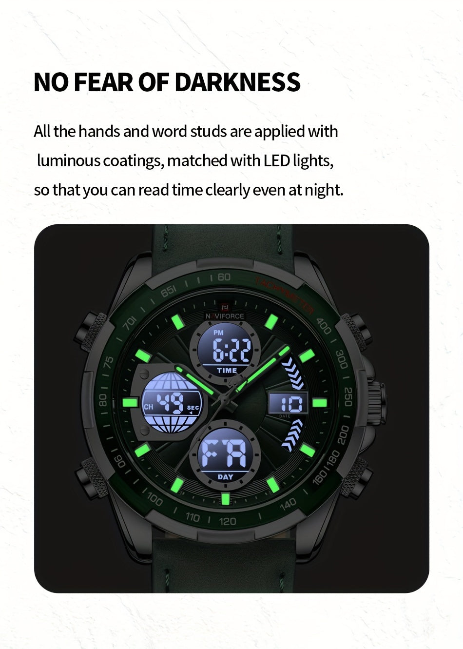 NAVIFORCE Men's Luxury Sports Quartz Watch - Waterproof, Genuine Leather Strap, Dual Display with Date & Chronograph Functions, Case, Green Accents, Luxury Timepiece|Tachymeter Equipped|Genuine Leather Band Valentine's Day
