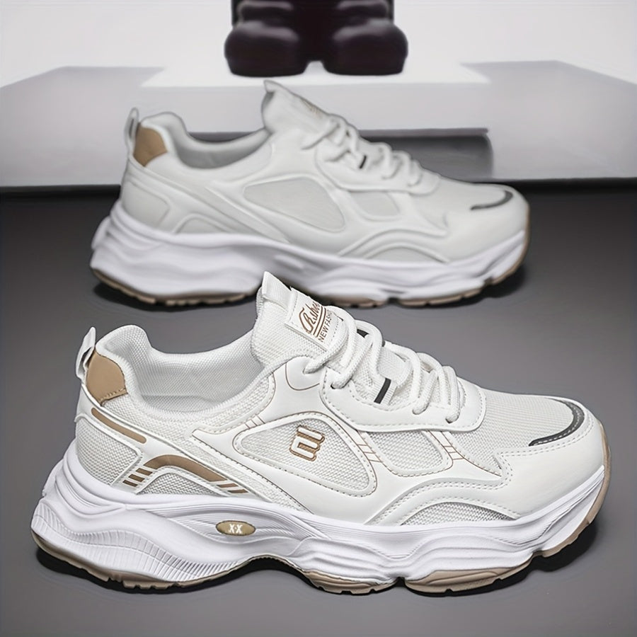 Men'S 2025 New Fashionable Low-Top Sneakers with Thick Sole - Non-Slip, Outdoor Casual Shoes for Teenagers and Young Adults, White and Golden Accents, All-Season Comfort, Casual Footwear | Modern Sneaker Design | Rubber Base